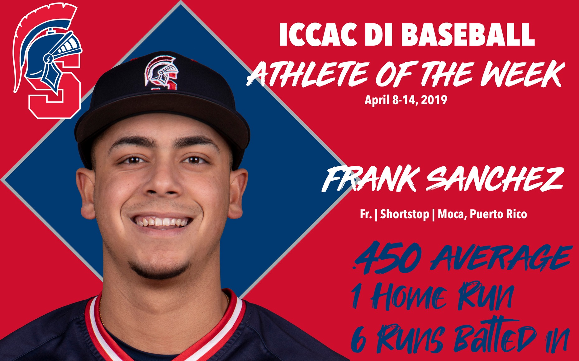 Southwestern freshman Frank Sanchez was named the ICCAC DI Baseball Athlete of the Week for the week of April 8-14.