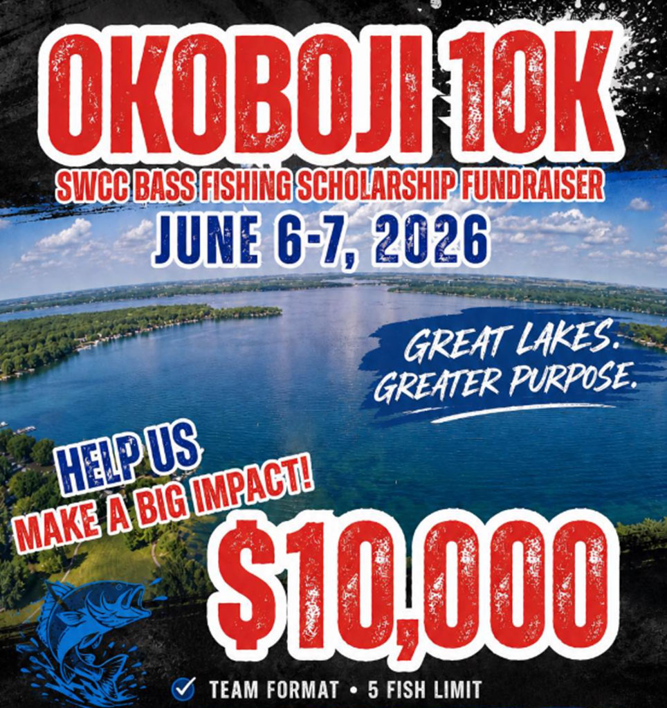 Photo of lake with Okobji 10K, SWCC bass fishing scholarship fundraiser, June 6-7, 2026, Great Lakes, Greater Purpose, and help us make a big impact