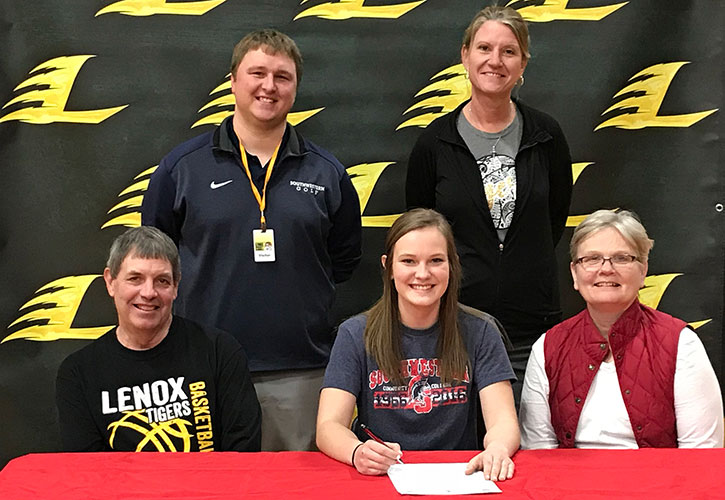 PICTURED (from left to right) - Sitting: Rod Belding, Katelyn&rsquo;s father; Katelyn Belding; and Jo Belding, Katelyn&rsquo;s mother. Standing: Doug North, Southwestern Community College head golf coach, and Liz Jessen, Lenox High School golf coach.