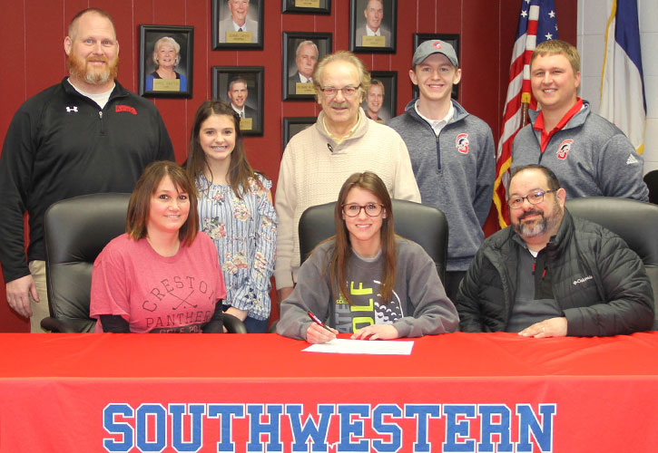 Pictured (from left to right): Sitting - Mae Greene, Sophia&rsquo;s mother; Sophia Groumoutis; and Dino Groumoutis, Sophia&rsquo;s father. Standing - Jon Thompson, Creston High School golf coach; Maria Groumoutis, Sophia&rsquo;s sister; Tony Groumoutis, Sophia&rsquo;s grandfather, Ryan Palser, Southwestern assistant golf coach; and Doug North, Southwestern head golf coach.