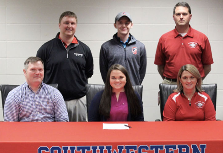 PICTURED (L to R): Sitting &ndash; David Rauschenberg, Sarah&rsquo;s father; Sarah Rauschenberg; and Teri Rauschenberg, Sarah&rsquo;s mother. Standing - Doug North, Southwestern head golf coach; Ryan Palser, Southwestern assistant golf coach; and John Klaessy, Dallas Center-Grimes High School golf coach.