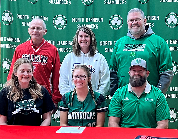 Pictured - Sitting (L to R) – Nicole Long, Jayliegh’s mother; Jayliegh Robins; and Aaron Long, Jayliegh’s father. Standing – Danny Jensen, SWCC head softball coach; Tessa Otto, SWCC assistant softball coach; and Brandon Craig, North Harrison High School softball coach.